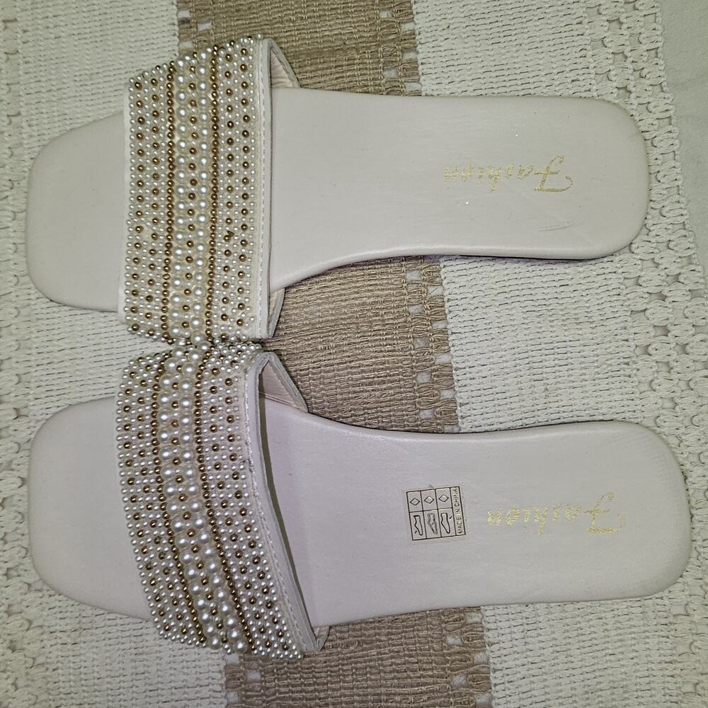 White Pearl And Gold Flat Slip On Sandals Size 9